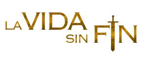 Tipografía y logo de La vida sin fin color dorado.